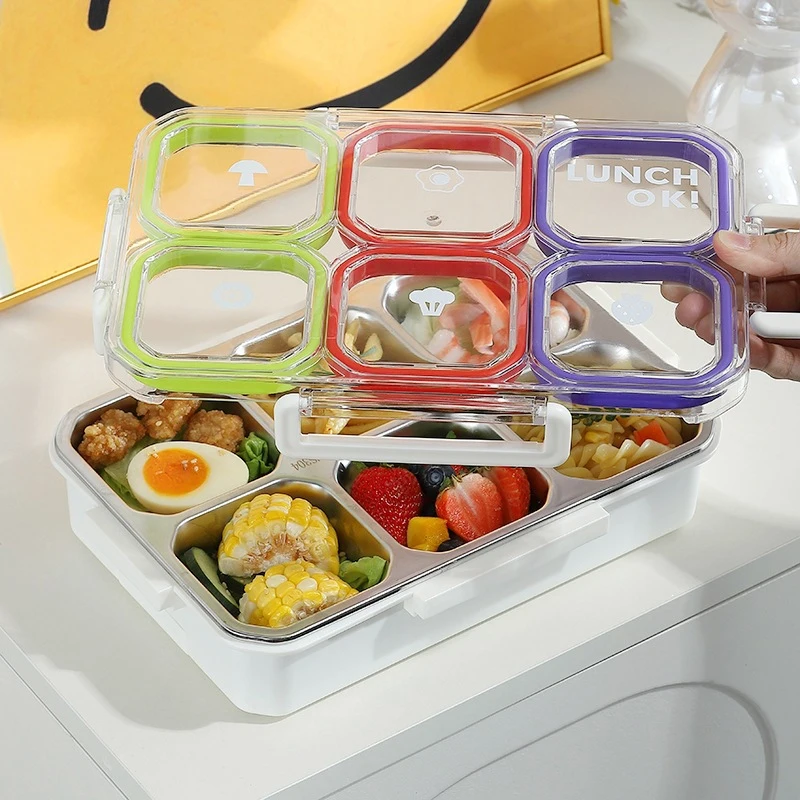 6 Compartment Stainless Steel Lunch Box with Spoon Fork Leakproof Sealed Portable Food Container with Lid Bento Box for Students