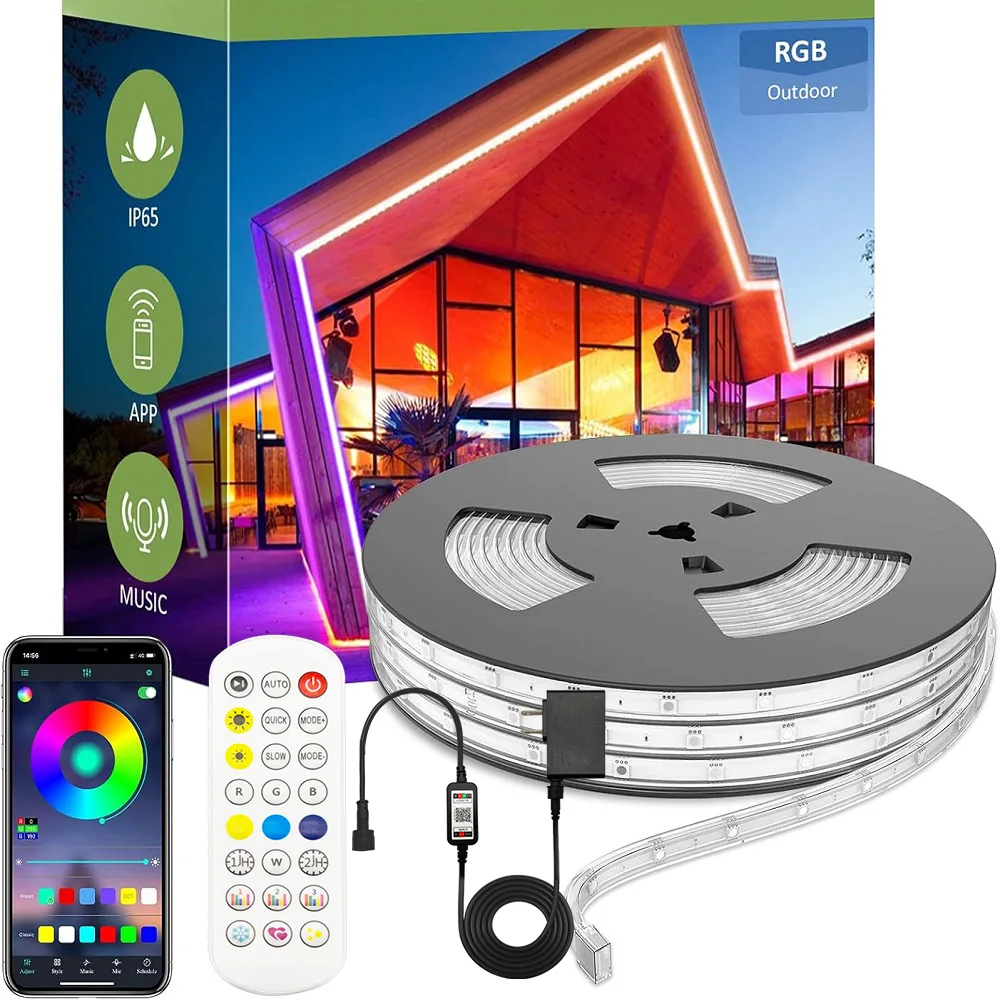 10m/30m/50m Outdoor LED RGB Neon Strip Lights IP67 Waterproof Bluetooth App Control Music Sync DC24V Ribbon Tape for Garden