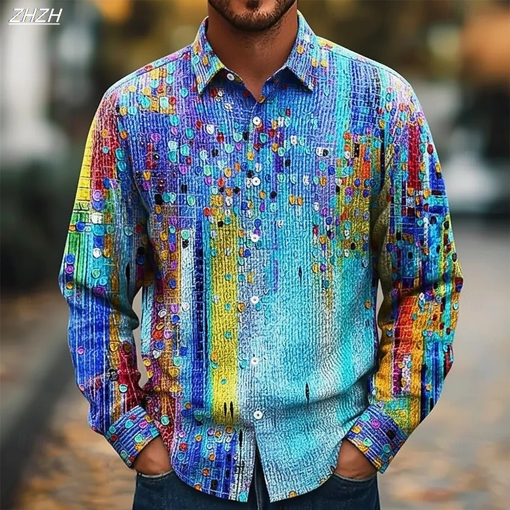 Camisa masculina de manga comprida com estampa de pontos coloridos, gola abotoada abstrata 3D, estilo casual da moda, primavera outono roupa diária