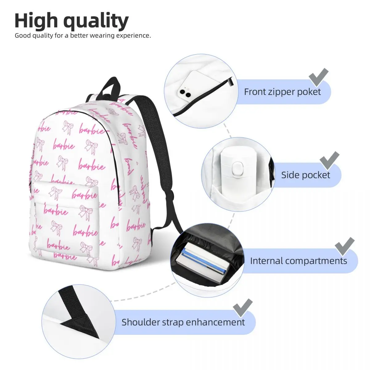 Mochila de lona sin costuras personalizada para niños y niñas, bolsa de viaje para la Escuela Universitaria, Barbies Princesse Doll, se adapta a computadora portátil de 15 pulgadas