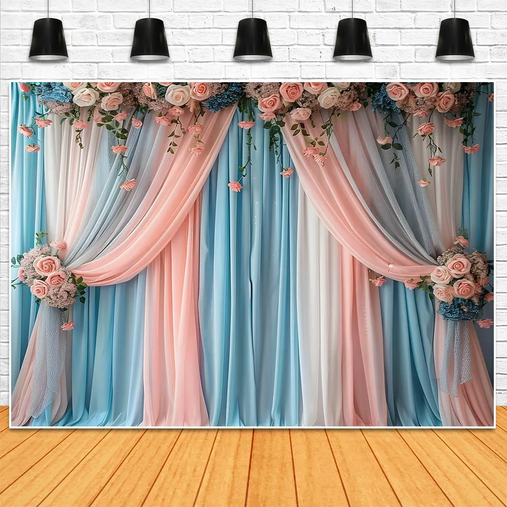 Mocsicka Backdrops for Photography Blue and Pink Curtains Flower Wedding Photo Backgrounds Newborn Photoshoot Props Photo Studio