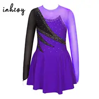 Vestido de patinaje sobre hielo para niñas, vestidos de baile con tutú de Ballet con diamantes de imitación de manga larga, Leotardos de gimnasia, disfraz de actuación