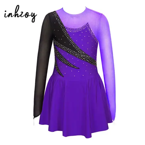 Imagen 1 del producto Vestido de patinaje sobre hielo para niñas, vestidos de baile con tutú de Ballet con diamantes de imitación de manga larga, Leotardos de gimnasia, disfraz de actuación