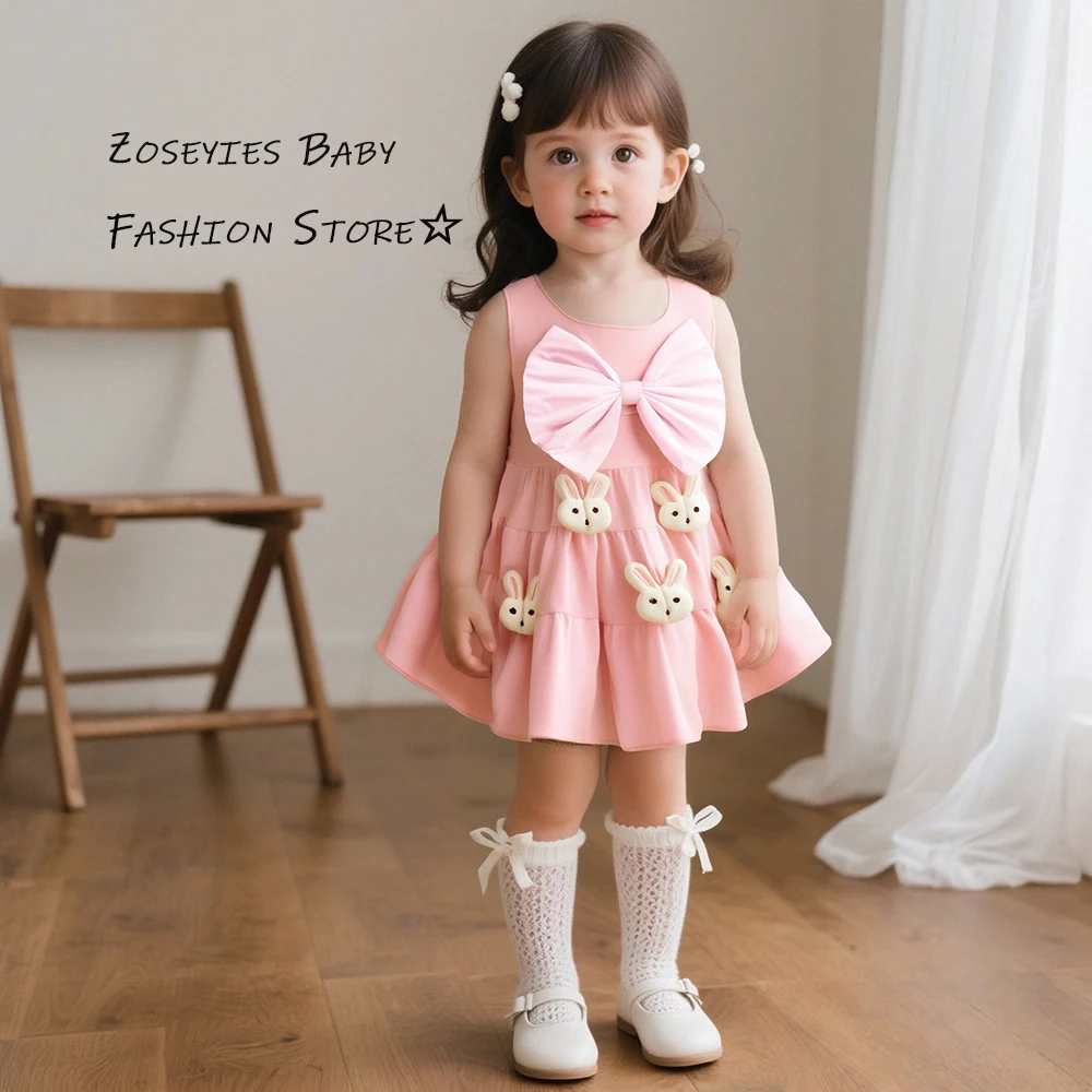 

Платья для девочек, летние хлопковые платья без рукавов с рисунком кролика для маленьких девочек, милые пляжные платья с бантом для девочек, одежда для маленьких девочек