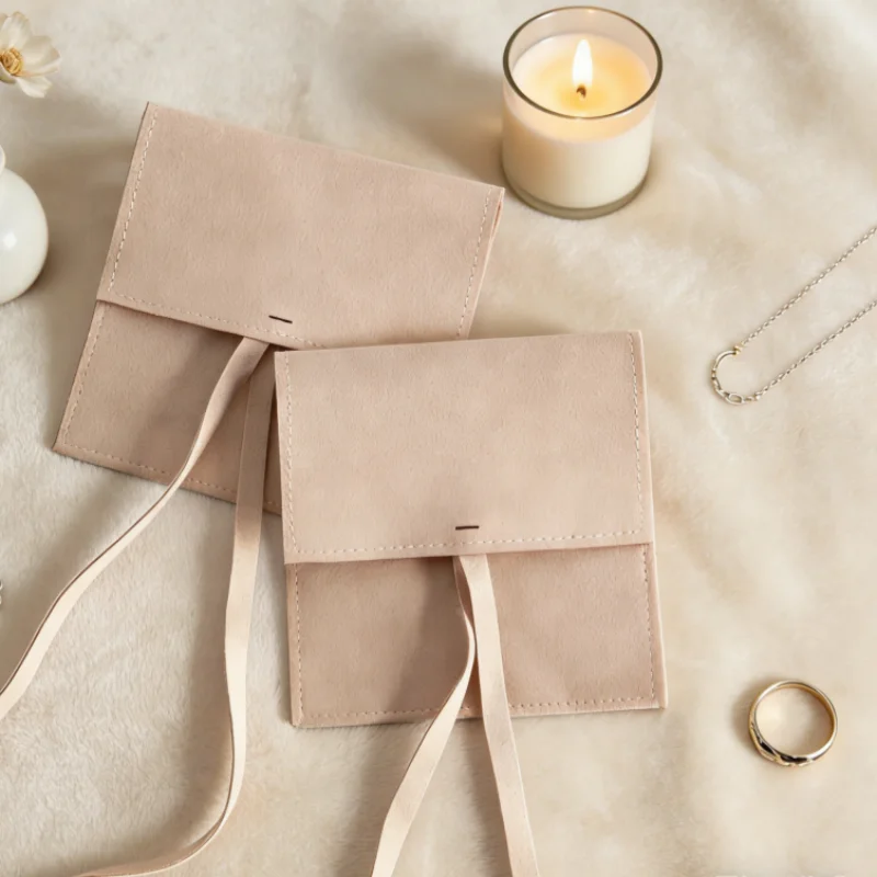 

10Pcs Jewellery Bag Packaging 8*8cm Earring Ring Flap Ribbon Closure Jewelry Pouch Peach Microfiber Brooch KeyChain Bracelet Bag