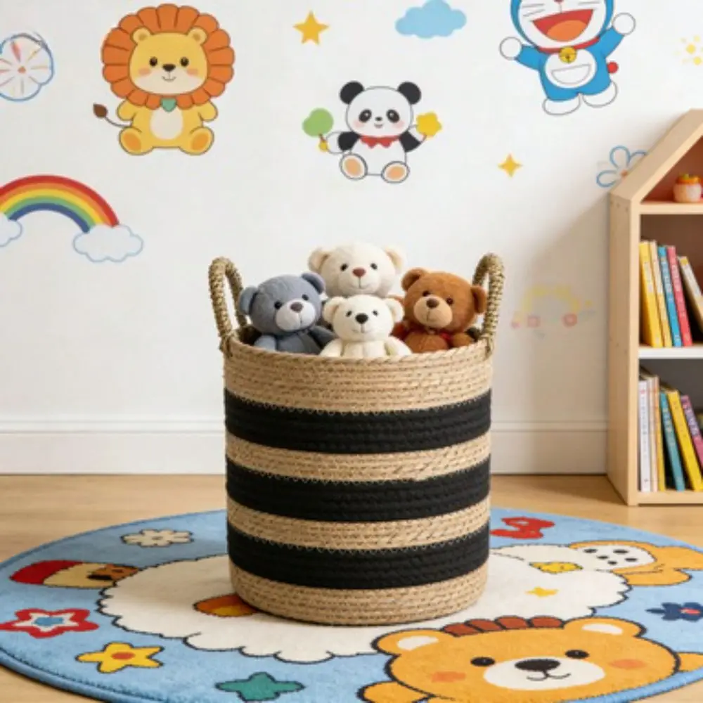 

Black Natural Striped Rush Basket With Handles