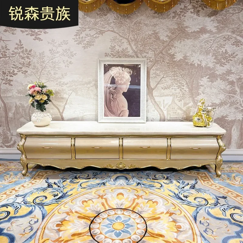 For French Solid Wood Marble TV Cabinet European Luxury Carved Living Room Background Bedroom Floor Storage Furniture