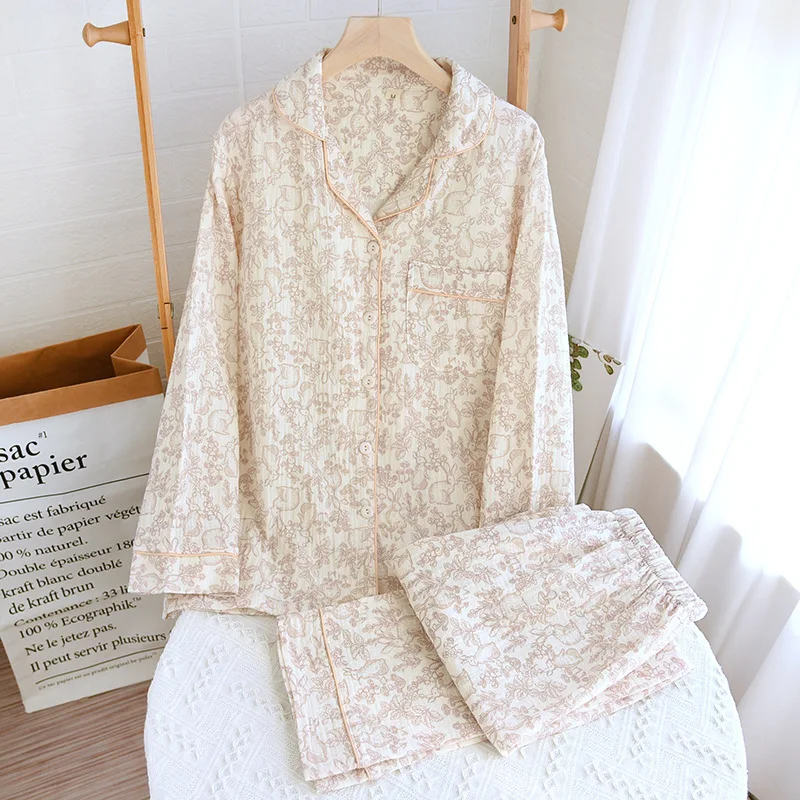 Autumn Long Sleeve Cotton Double Gauze Pajamas for Women Loose and Casual Plus Size Loungewear Lapel Flower Print Sleepwear