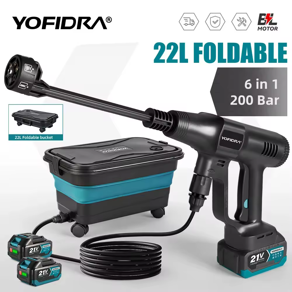 YOFIDRA 200Bar Brushless High Pressure Car Washer Gun With Bucket  Electric Garden Washing Spray Gun For Makita 21V Battery Pin
