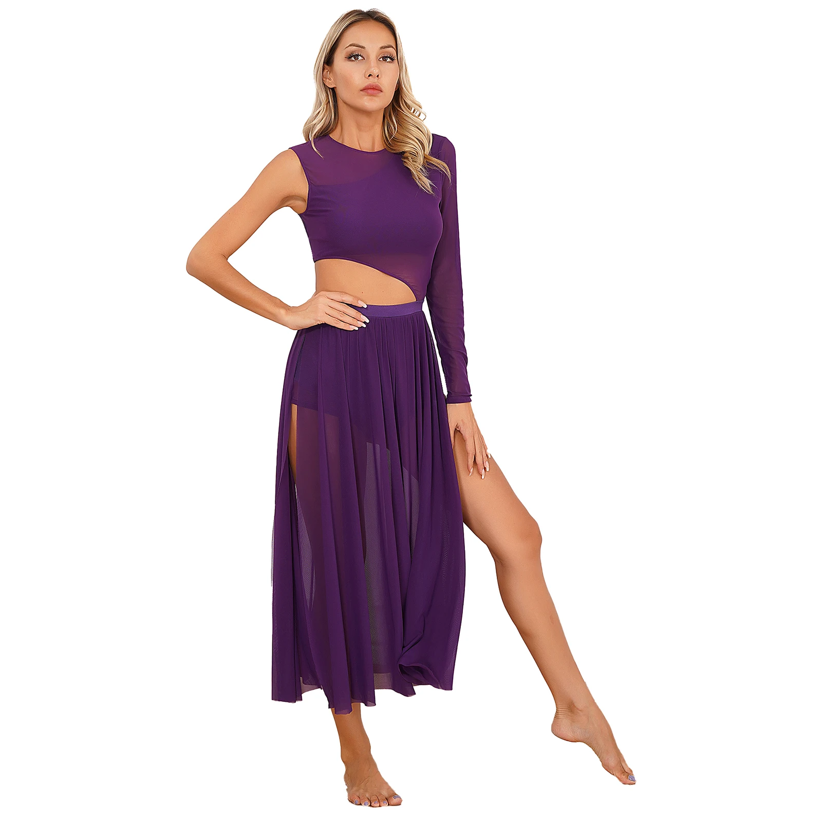 Traje de baile lírico para mujer, traje de un solo hombro, cintura recortada, Ballet dividido, malla de tul, capa fluida, falda larga, ropa de baile