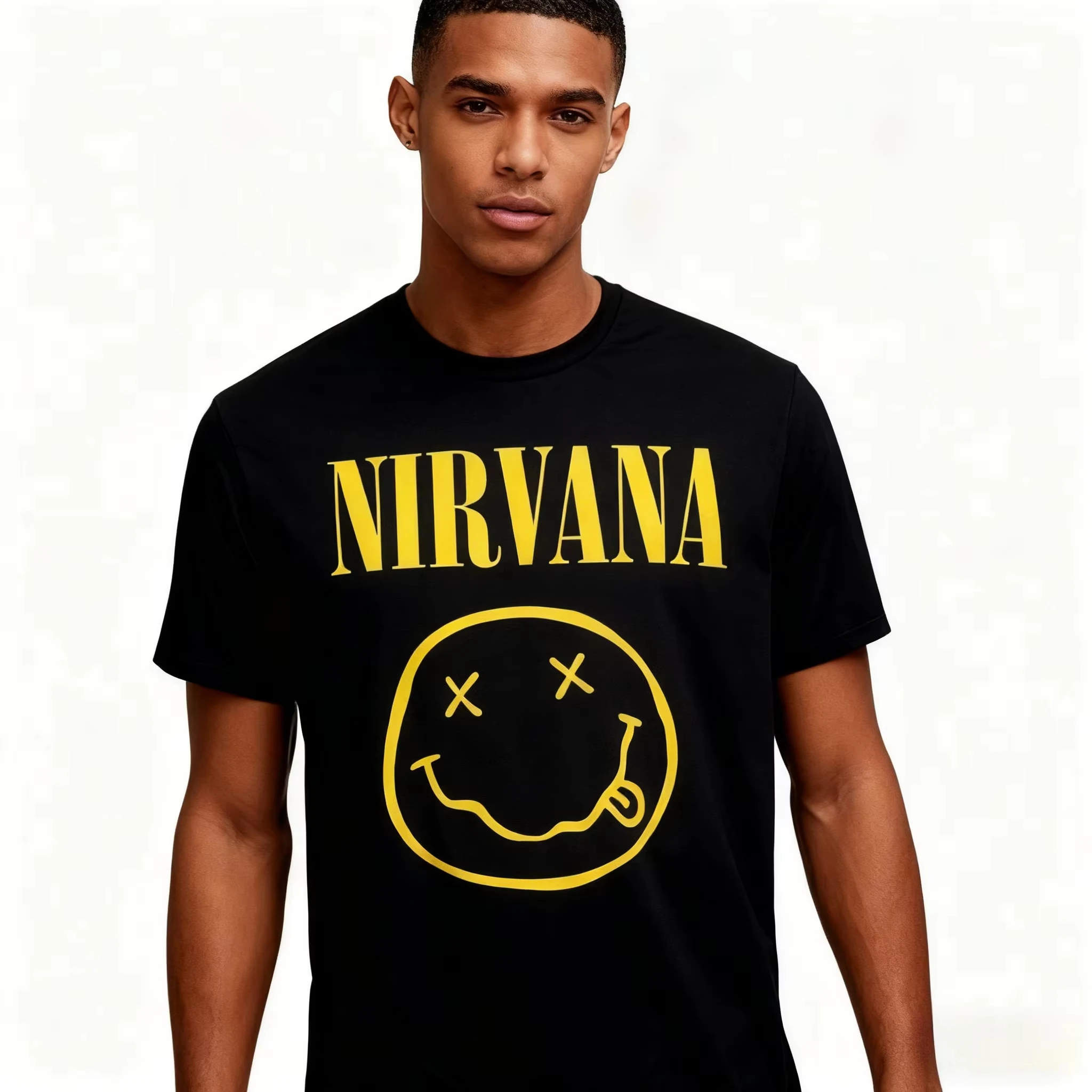 Vintage Rock Smiley Face T‑Shirt X‑Eye Smile Yellow Graphic Unisex Oversized Punk Black Tee