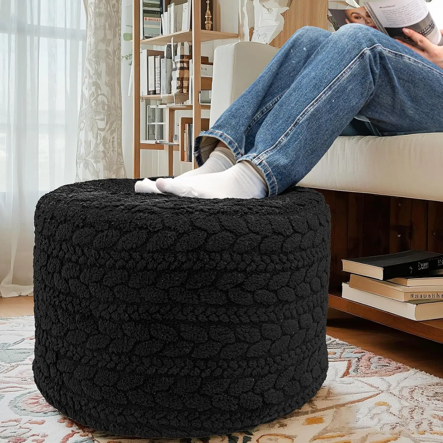 

20x20x14 Inch Round Pouf Ottoman, Boho Foot Rest for Couch Sofa, Living Room Bedroom Decor in Black