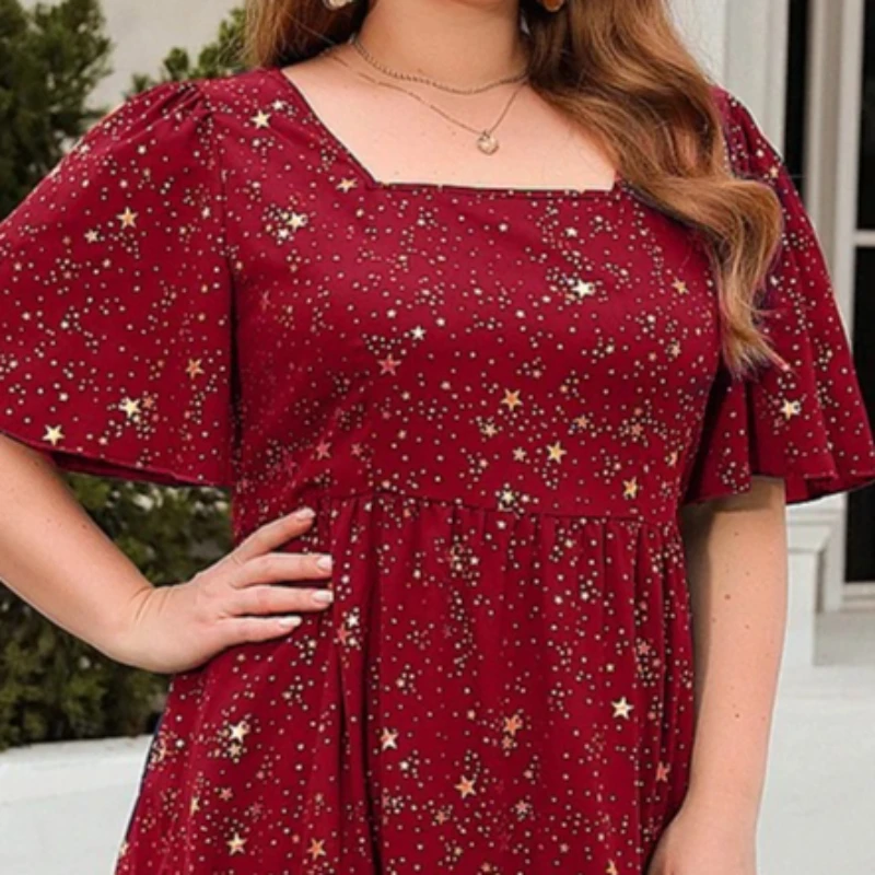 

Plus Size Elegant Summer Women's Mini Dress Large Size Sexy Square Neck Gold Print Beach Sundress Casual Short Sleeve Dresses