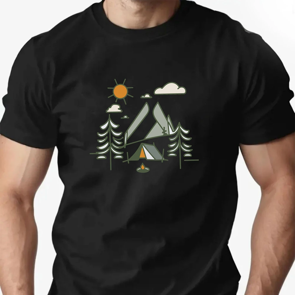 

Pure Cotton Men's Summer Round Neck Short Sleeve T-shirt Camping Tent Adventure Print Breathable Casual Daily Wear Trendy Tee