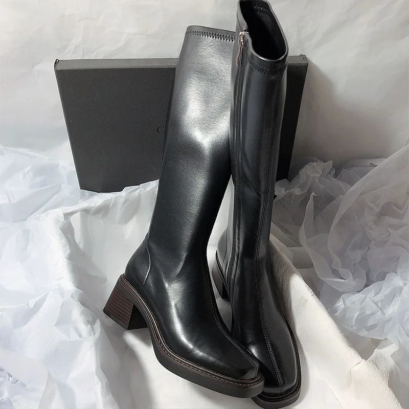 

Women's New Retro Thick Heel Knee High Boots with Fashionable Side Zipper Shoes for Autumn and Winter High Boots