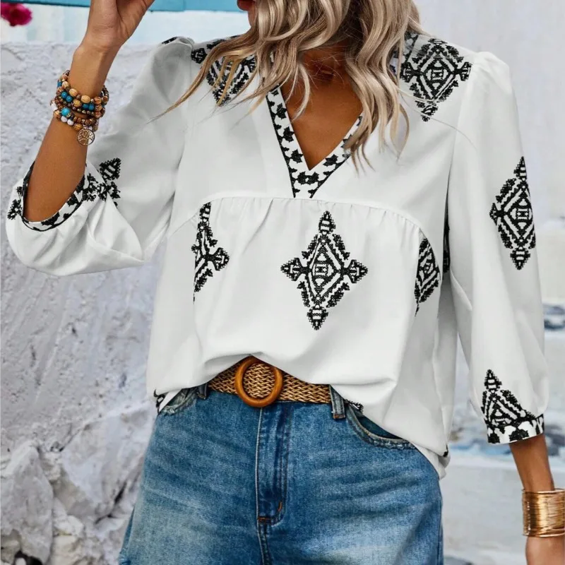 

Women's Boho White Blouses New Summer Fashion Printed Three-quarter Sleeve V-neck Loose Tops Women Shirts Casual Pullover New