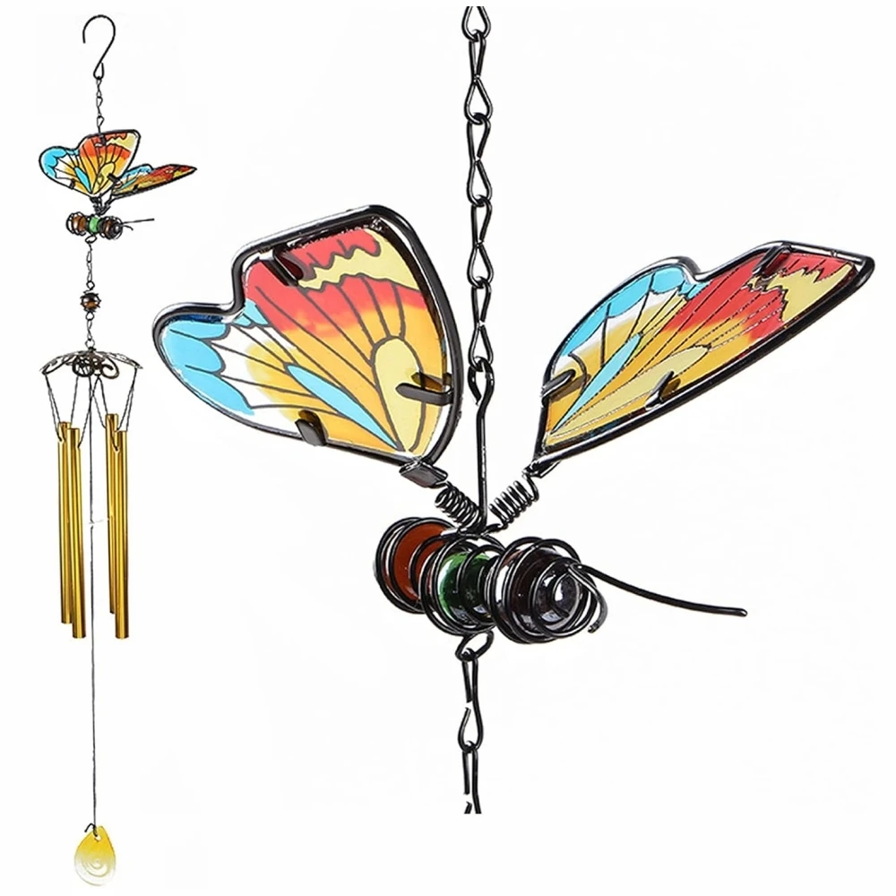 3D Butterfly Wind Chimes Iron Stained Glass Butterfly Wind Chimes with Tube Gift for Mom for Home Garden Window Yard Patio Decor