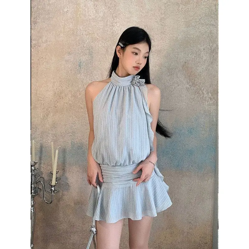 

Hanging Neck Dress Women's Summer Sleeveless Short Skirt High-end French Temperament Striped Blue Dress