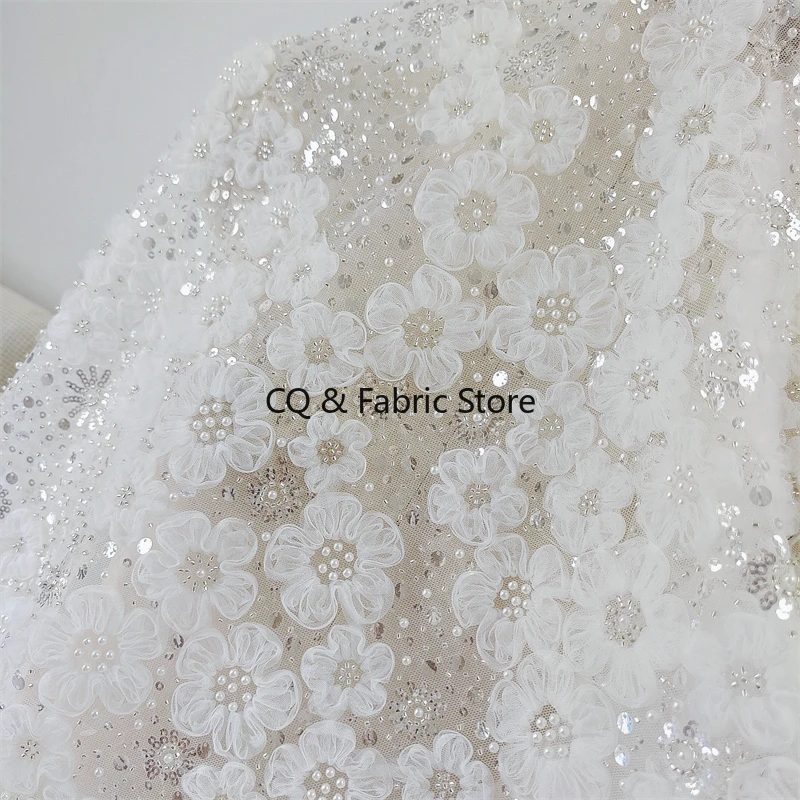 

New Heavy Industry Luxury Embroidery Nail Pearl Sequin Lace Fabric Fabric DIY Wedding Dress Kids Dress Designer Fabric