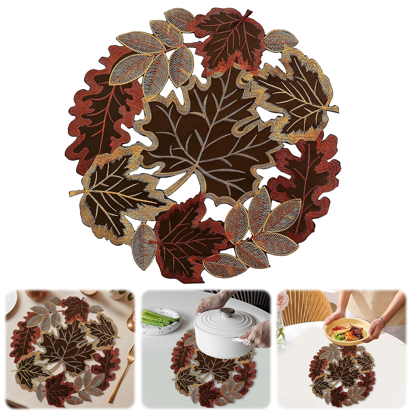 1/2Pcs Embroidered Maple Leaf Round Doily Placemats with Lace Fall Thanksgiving Maple Leaf Hollow Table Runner for Party Dining