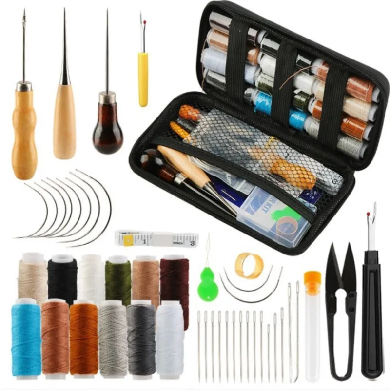 28/32/47pcs Leather Sewing Kit Upholstery Repair Kit with Upholstery Thread Sewing Awl Seam Ripper Needles Thimble for Stitching