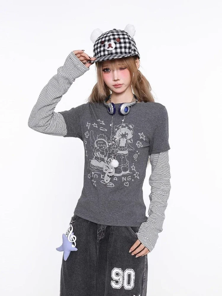 Harajuku Japanese Style T-Shirts Women Y2k False Two-piece Striped Tees Vintage Loose Gothic Graphic T-Shirt Streetwear