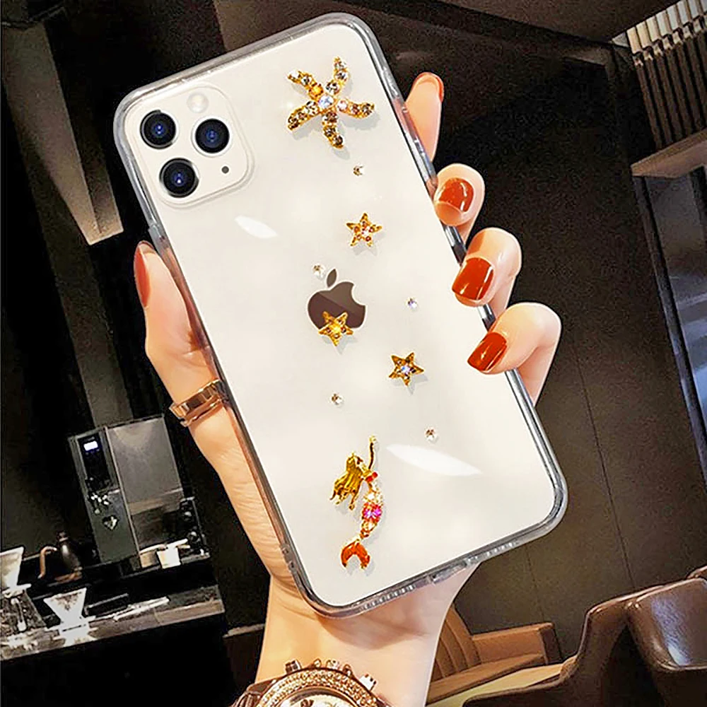 Luxury Diamond Mermaid Starfish Clear Phone Case For iPhone14 13 12 11Pro Max X XR XS SE2020 6S 7 8Plus Rhinestone Acrylic Cover