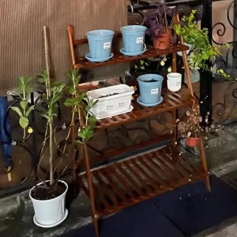 Folding Flower Stand Balcony Plant Shelf Multi-Tier Ladder Plant Holder Hanging Bamboo Planter Rack for Succulents Potted