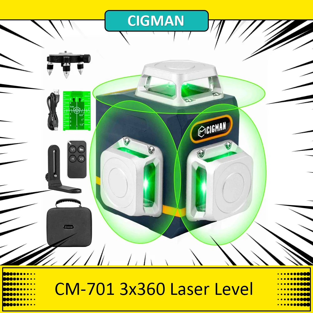 CIGMAN CM-701 3x360° Self Leveling Laser Level, 100ft 3D Green Cross Line, Rechargeable Battery, Remote Control,360° Full Layout