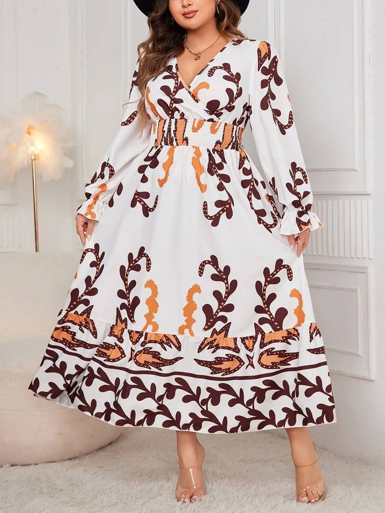 GIBSIE Plus Size Surplice Neck Printed Maxi Dress Women Autumn New High Waist Long Sleeve Ruffle Hem A-Line Dresses 2024