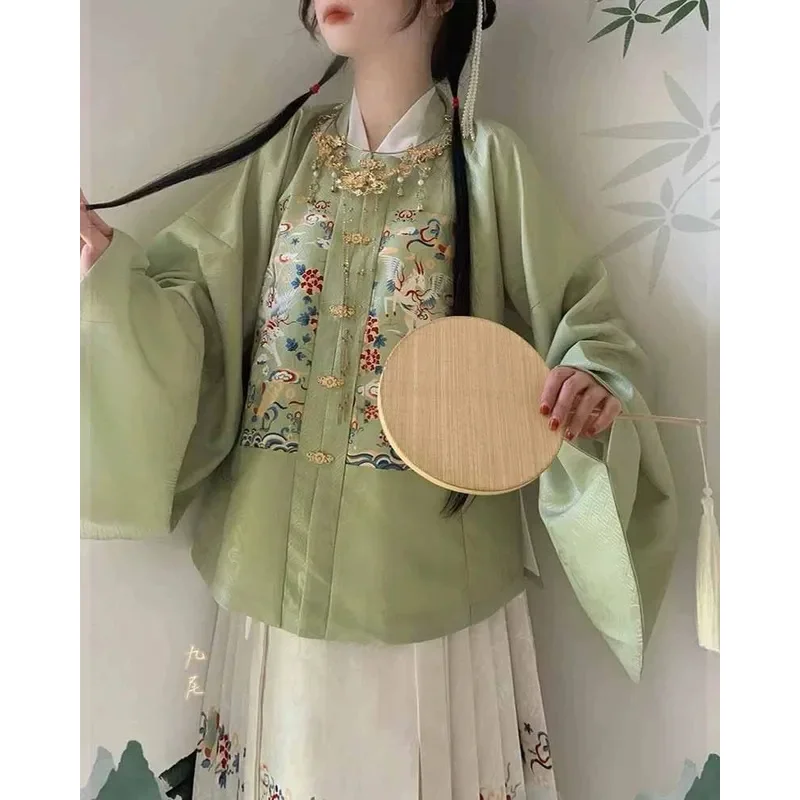 Plus Size 10XL 2pcs Sets Hanfu Horse Face Skirt Women Oversized Daily Chinese Vintage Hanfu Green Shirt+Skirt Christmas Sets