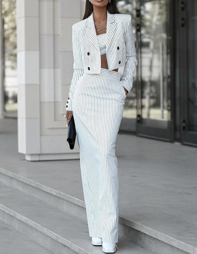 Elegant Women\'s Two Piece Set 2023 Autumn New Striped Long Sleeves Short Blazer Coat & Fashion Slim Slit Skirt Long Skirt Set