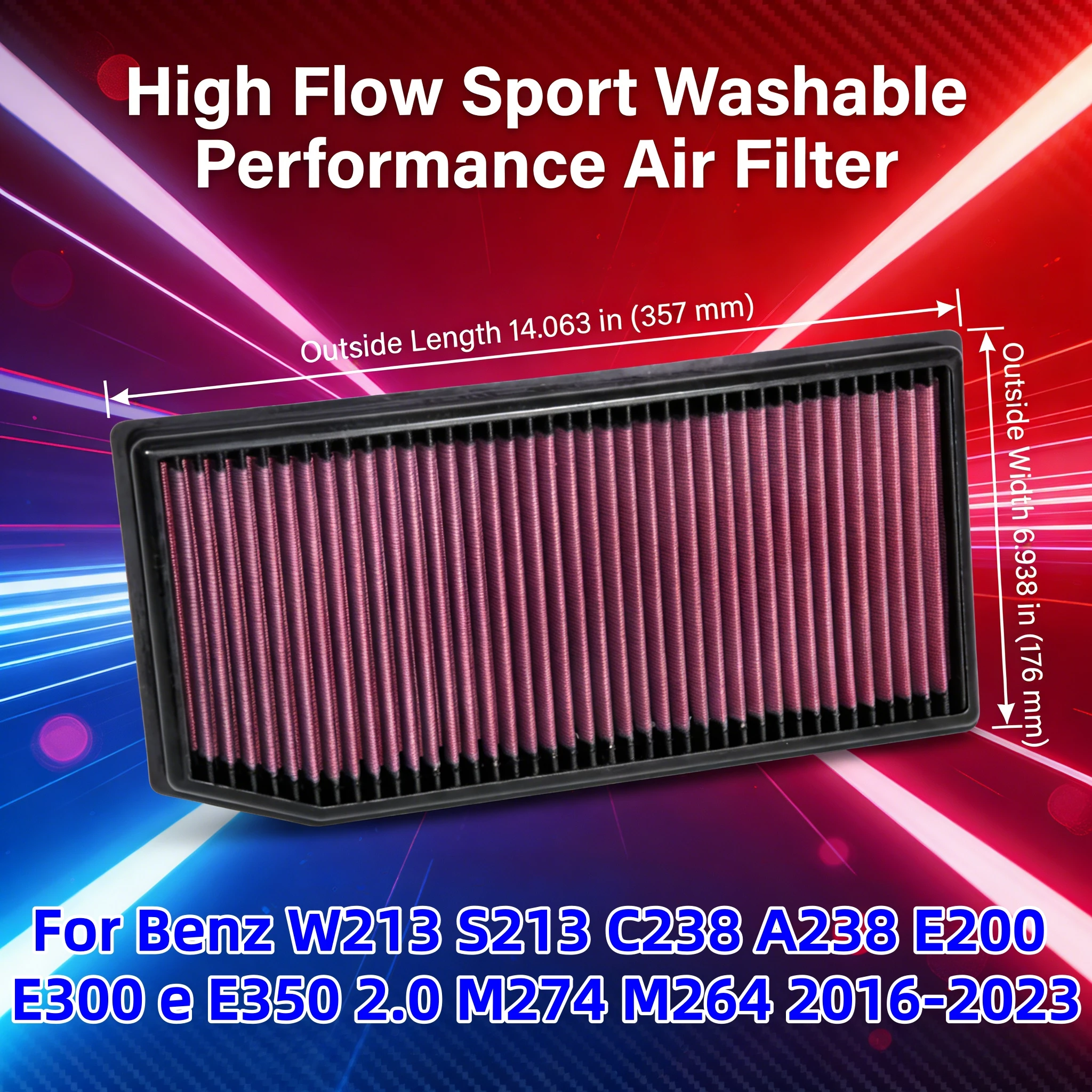 

For Mercedes-Benz W213 S213 C238 A238 E200 E300 e E350 2.0 M274 M264 2016-2023 High Flow Sport Washable Replacement Air Filter
