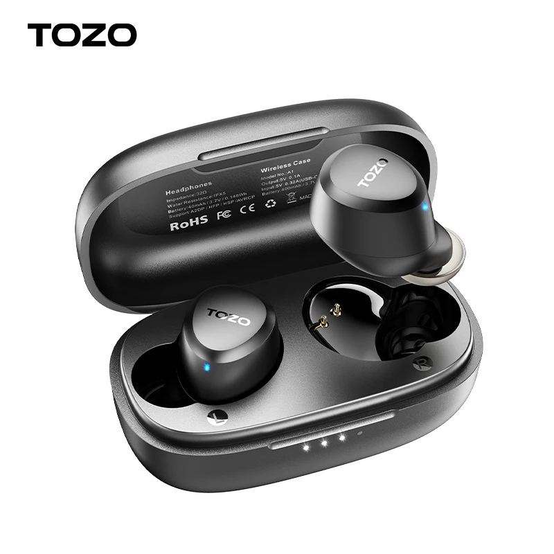 TOZO A1 Bluetooth Kulaklık, Kablosuz Kulaklıklar Sürükleyici Ses Uzun Mesafe Bağlantılı Kulaklıklar Ultra Hafif, Siyah