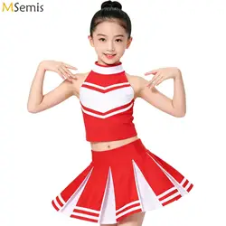 Kids Girls Cheerleading Uniform School Girls Cosplay Party Dance Costume Outfit Sleeveless Zippered Tops with Pleated Skirt Set