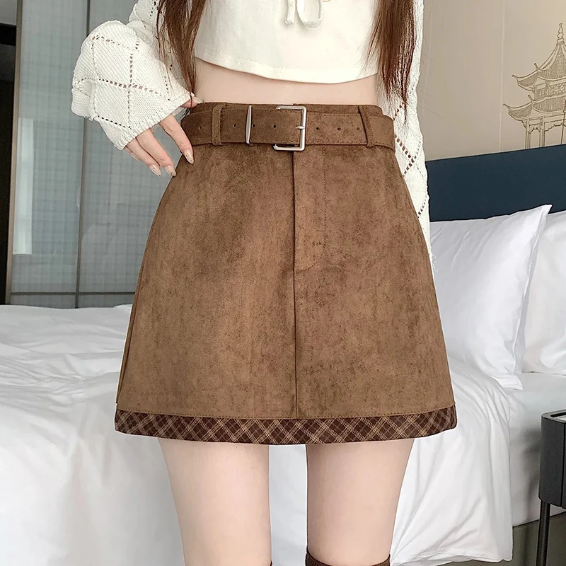 American Faux Suede Belt Skirt Women Plaid Patchwork High Waist Hottie Mini Skirt Spring Autumn Retro Loose A Line Female Skirt
