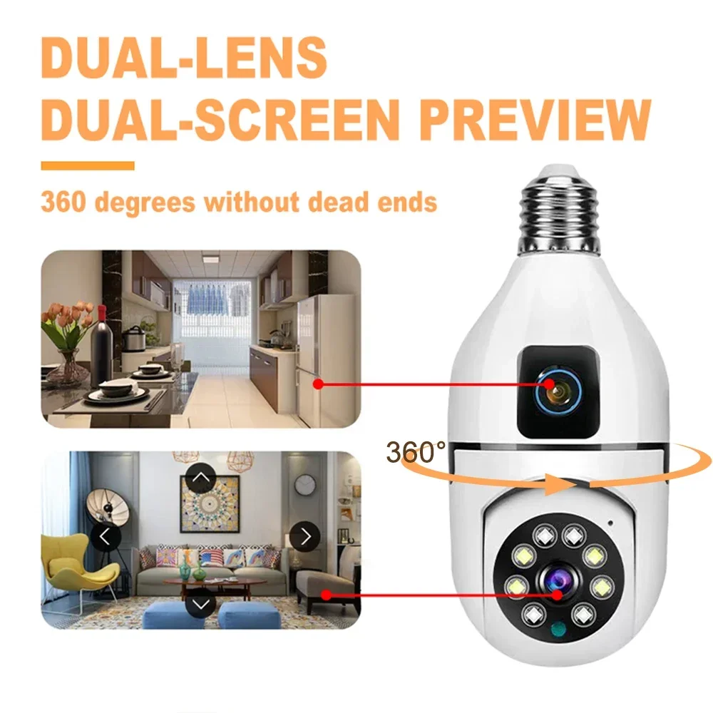 PEGATAH E27 Wifi Dual Lens Camera 4MP 4K PTZ Surveillance Camera CCTV IP Cam Security Smart Home AI Tracking Voice Alarm Camera