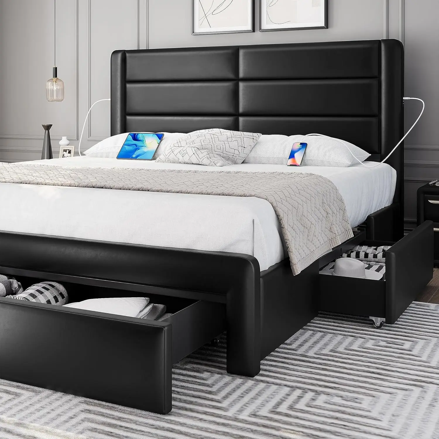 

Yaheetech King Size Bed Frame with 2 USB Charging Station/Port for Type A&Type C/4 Storage Drawers, Leather Upholstered Platform