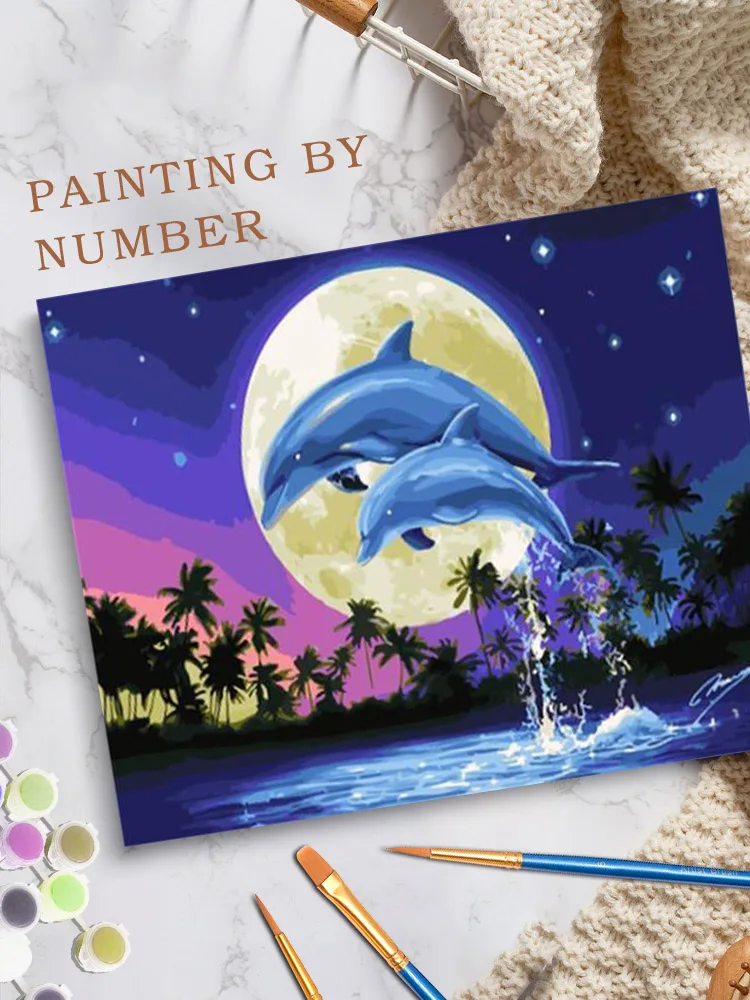 Dolphins Diy Paints By Numbers Animals Picture Oil Painting By Numbers Set Gift Coloring By Numbers Adult Kit On Canvas Wall Art