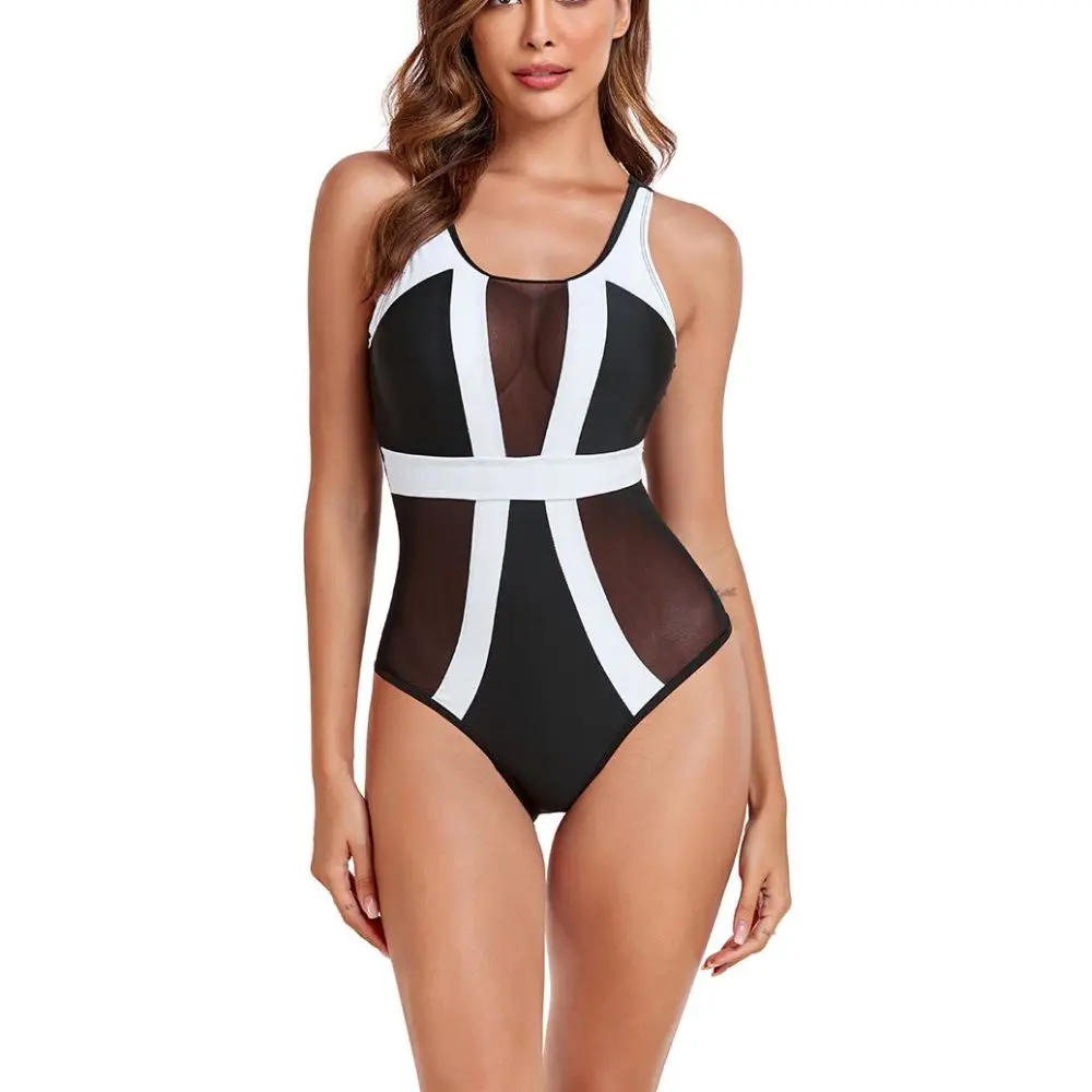 Cikini-Color Blocking One-Piece Swimsuit for Women, Transparent Mesh, Summer Beach Swimwear, Bathing Suit