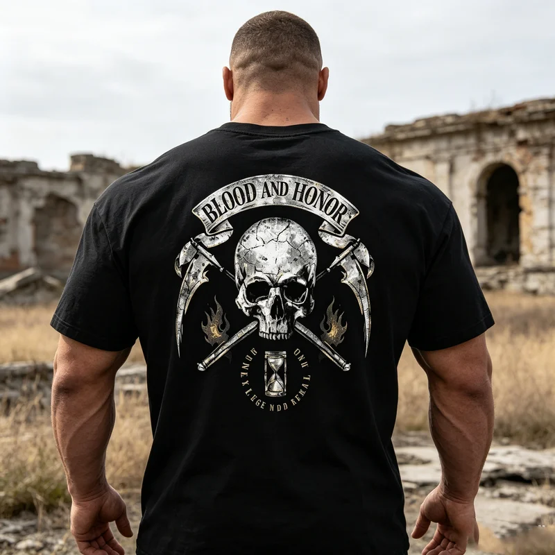 2026 Unisex Gothic Skull Crew Neck Short Sleeve Tee Blood And Honor Vintage Distressed Print Luxury Streetwear Casual Top