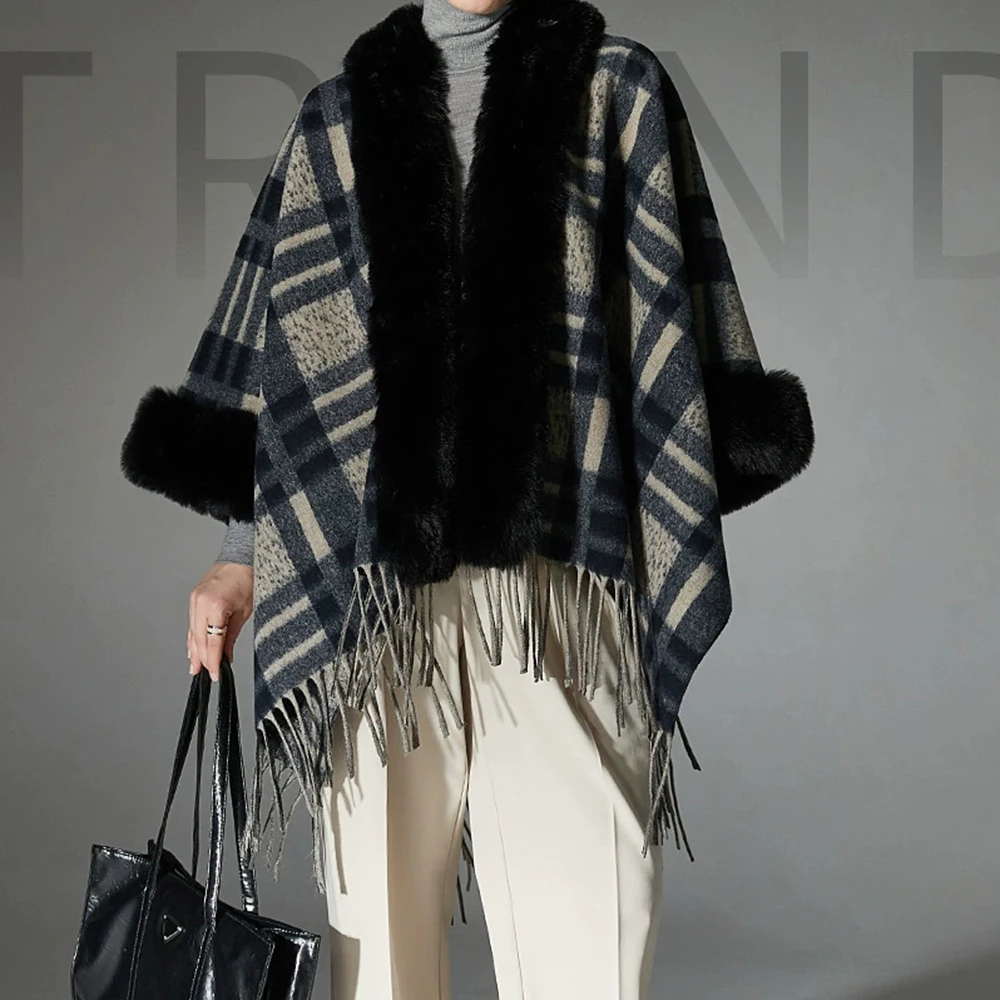 

European and American autumn and winter 2025 plaid navy blue fur collar shawl wholesale warm-GZXX742