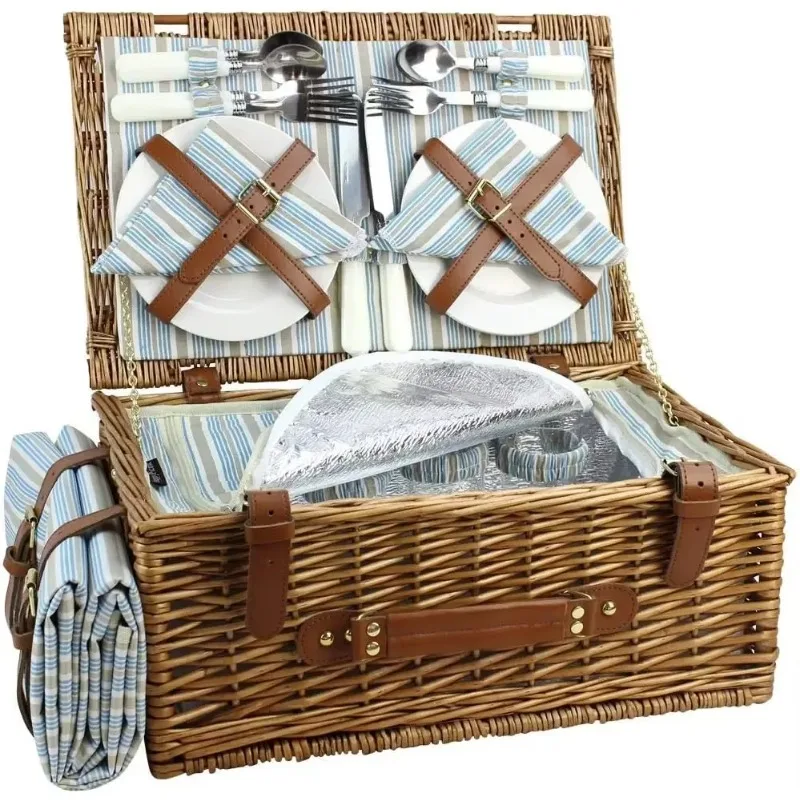 

Wicker Picnic Basket Set for 4 Persons | Large Willow Hamper with Large Insulated Cooler Compartment