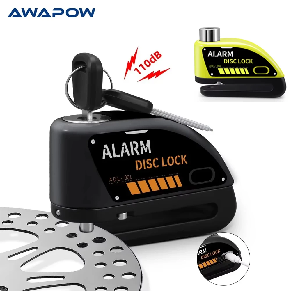 Awapow RV قفل دراجة نارية قابلة للشحن 110dB الجبلية الطريق دراجة إنذار مكبح قرصي أقفال مكافحة سرقة الأمن مقاوم للماء مع كابل 1.8 متر #1
