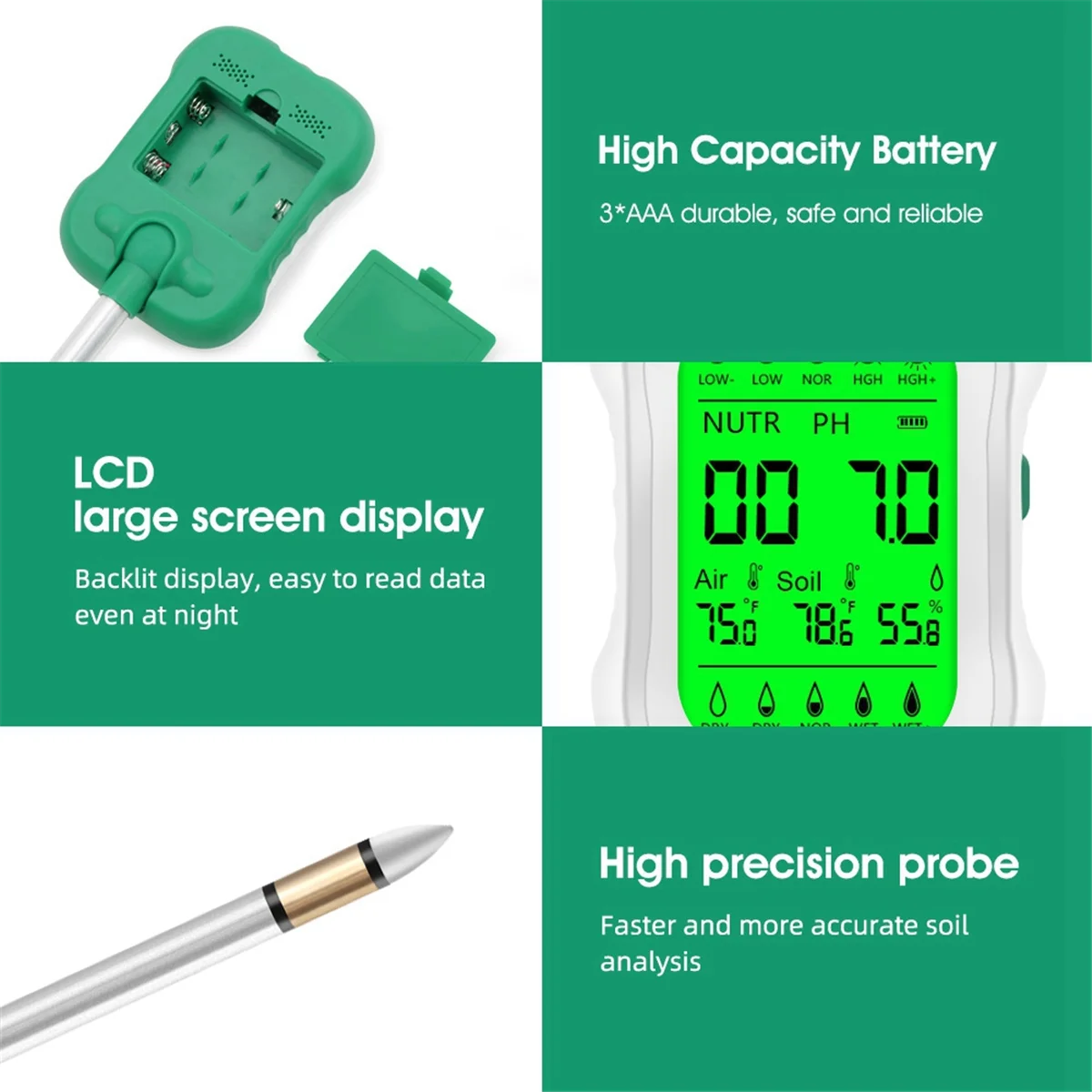

Professional 7 In1 Soil PH Meter Nutrient Analyzer Moisture Sensor