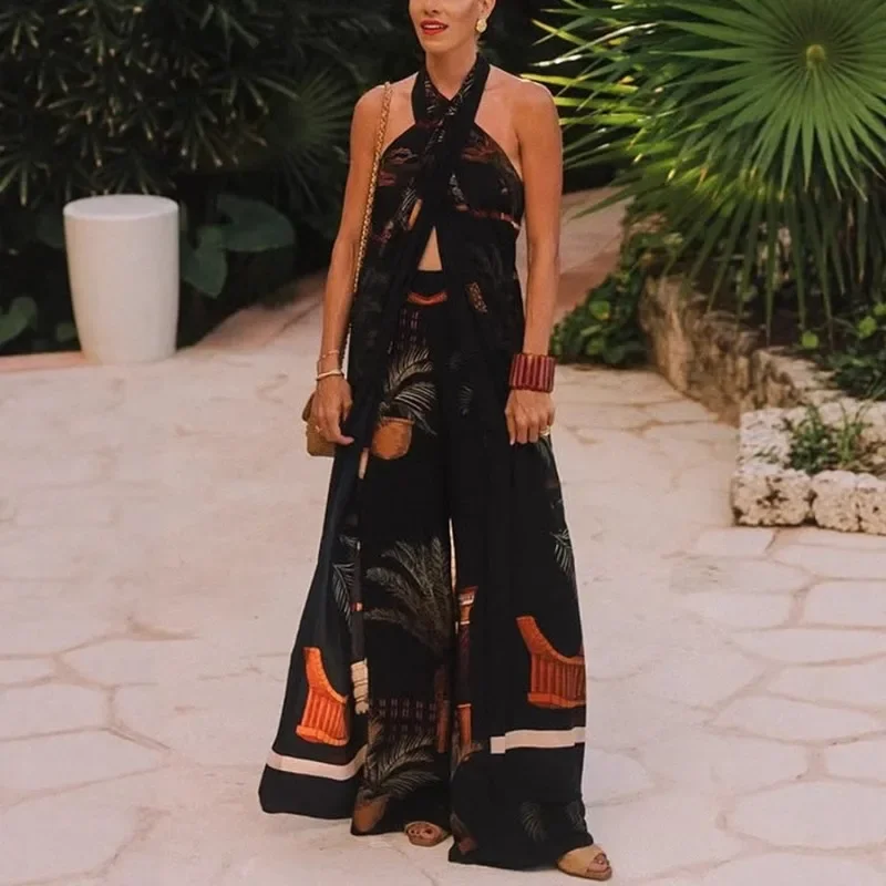 

2025 повседневная летняя свободная рубашка с принтом, широкие брюки, одинаковые комплекты в стиле бохо, винтажный женский комплект из 2 предметов для пляжного отдыха