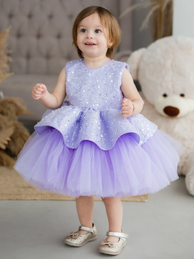 Flower Girl Dresses Purple Tulle Puffy Sequin With Bow Sleeveless For Wedding Birthday Party First Communion Gowns