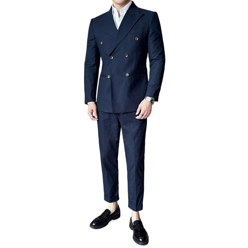 

Men Linen Lightweight Breathable Business Casual Double Breasted Classic Vintage Slim Fit Suit Jacket Pant 2 Pieces Sets Suits