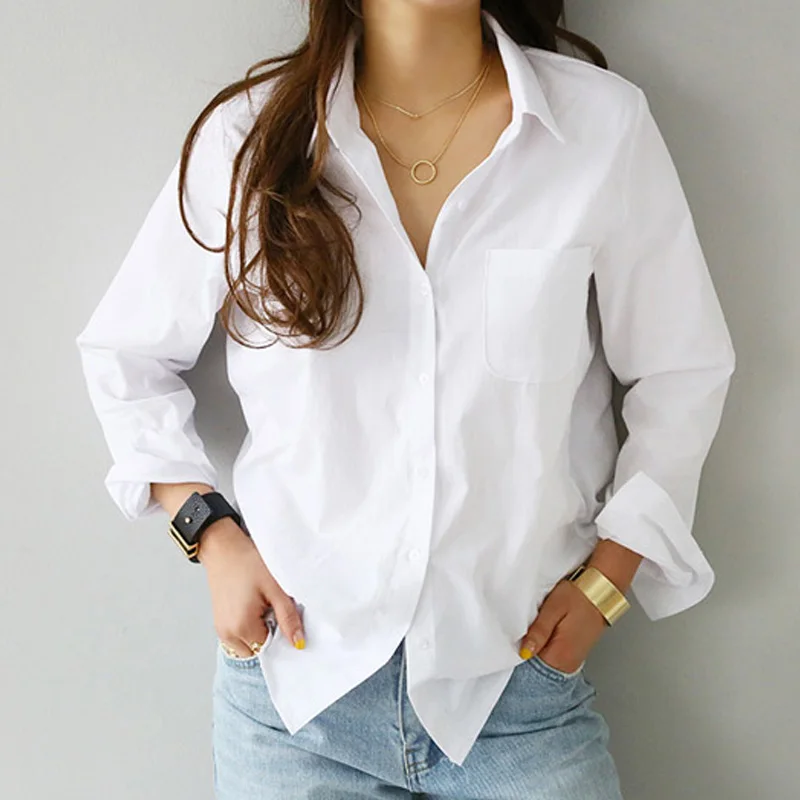 New Casual Ladies Blouse Cotton White Shirt Women Fashion Long Sleeve Clothes Button Up Loose OL Style Women\'s Tops Blusas 3496