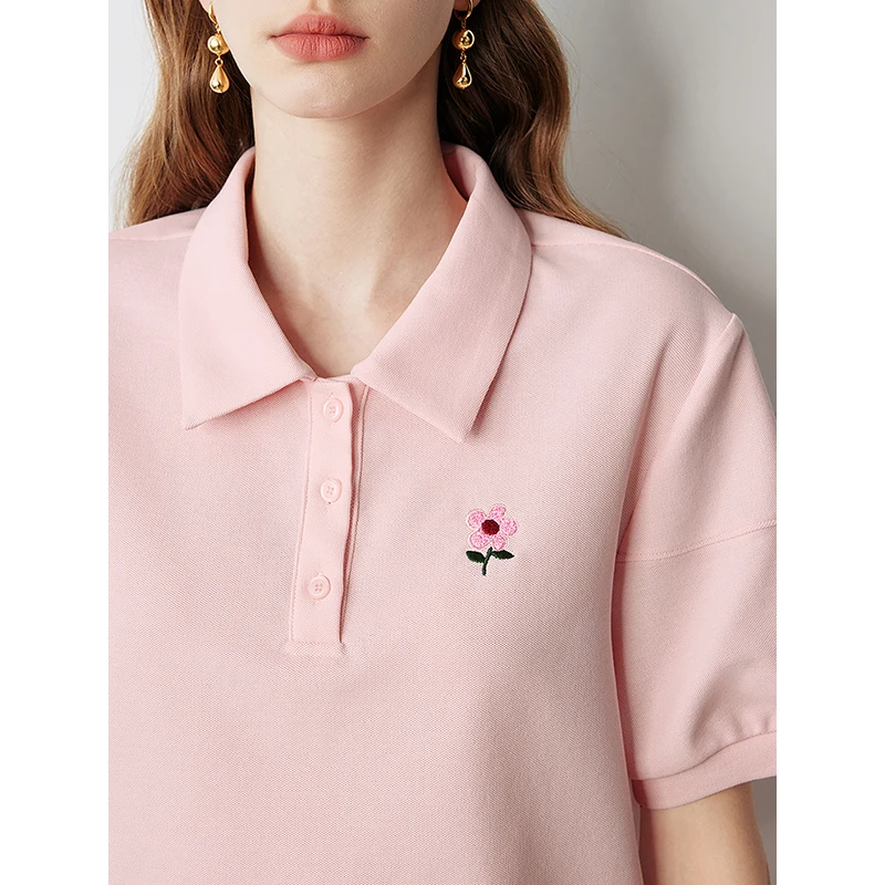 TOYOUTH Women POLO Shirt 2024 Summer New Pearl Flower Embroidery Short Sleeve Pullover Casual Pink Tops